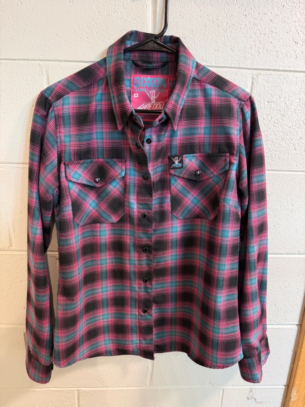 DIXXON 2022 Teal and Pink Plaid Long-Sleeve Button-Up Shirt. Size medium